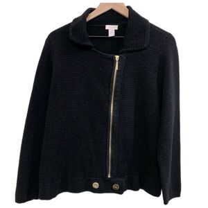 CHICO’S Moto Zip Cardigan Sweater Jacket Women’s Size 2 Large Black Textured.